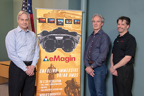 eMagin Senior Management Team (left to right): CEO Andrew Sculley, CFO Mark Koch, and  Senior VP of Operations Joe Saltarelli. Not pictured: COO Dr. Amal Ghosh, Senior VP of Product  Development Olivier Prache, and VP of Business Development Doug Hughes.