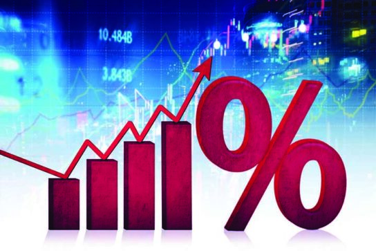 Image of growth finance graph and percentage symbol with world exchange rate background